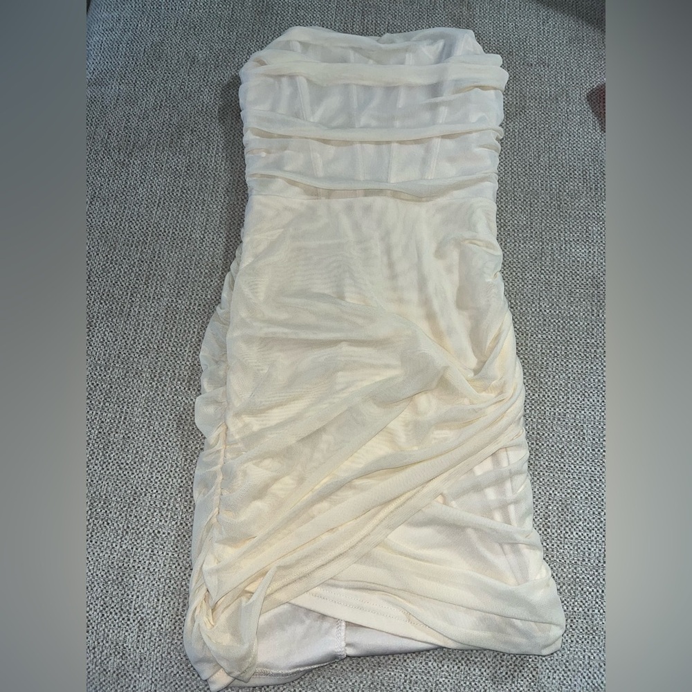 Cream Strapless Ruched Dress